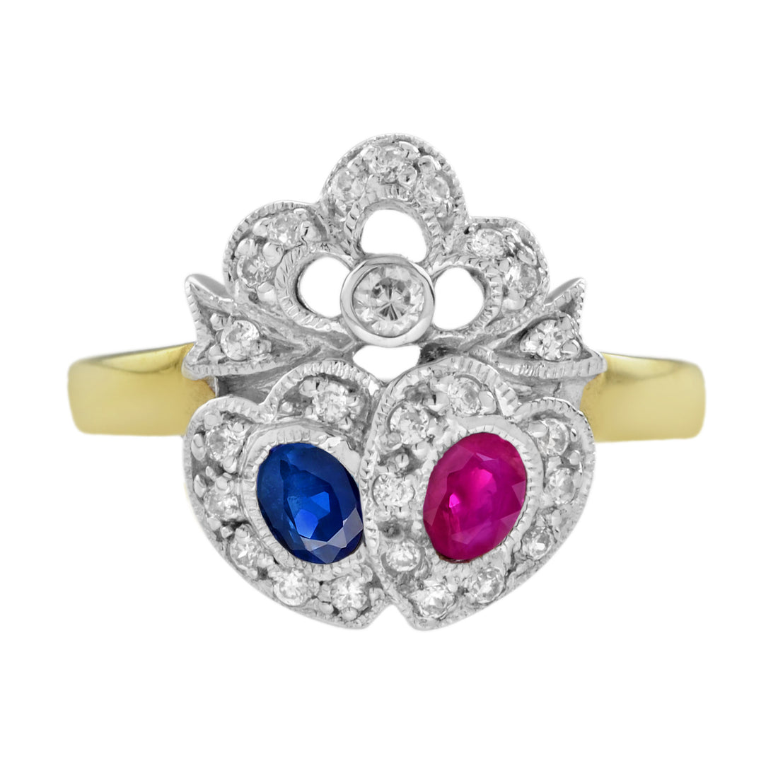 Blue Sapphire Red Ruby Diamond Double Heart Vintage Style Crown Gold Ring