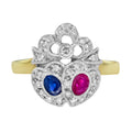 Blue Sapphire Red Ruby Diamond Double Heart Vintage Style Crown Gold Ring