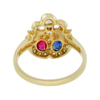 Blue Sapphire Red Ruby Diamond Double Heart Vintage Style Crown Gold Ring