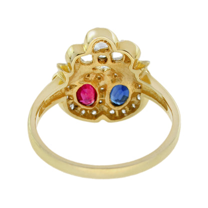 Blue Sapphire Red Ruby Diamond Double Heart Vintage Style Crown Gold Ring