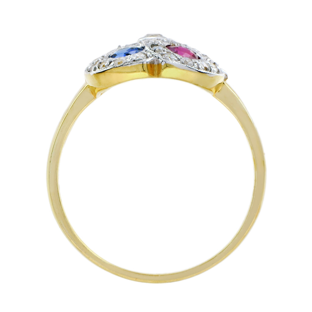 Blue Sapphire Red Ruby Diamond Double Heart Vintage Style Crown Gold Ring