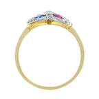 Blue Sapphire Red Ruby Diamond Double Heart Vintage Style Crown Gold Ring