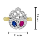 Blue Sapphire Red Ruby Diamond Double Heart Vintage Style Crown Gold Ring