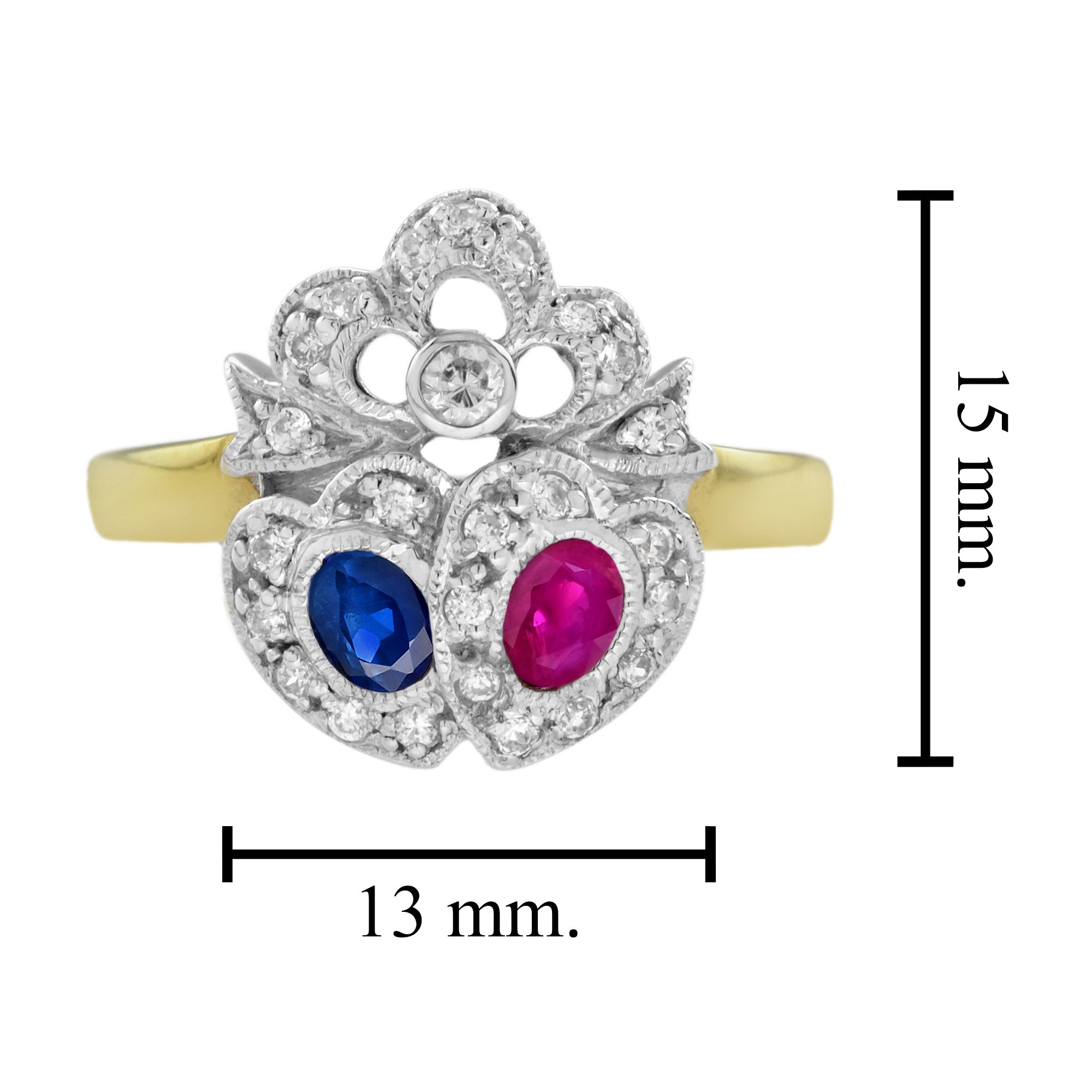 Blue Sapphire Red Ruby Diamond Double Heart Vintage Style Crown Gold Ring