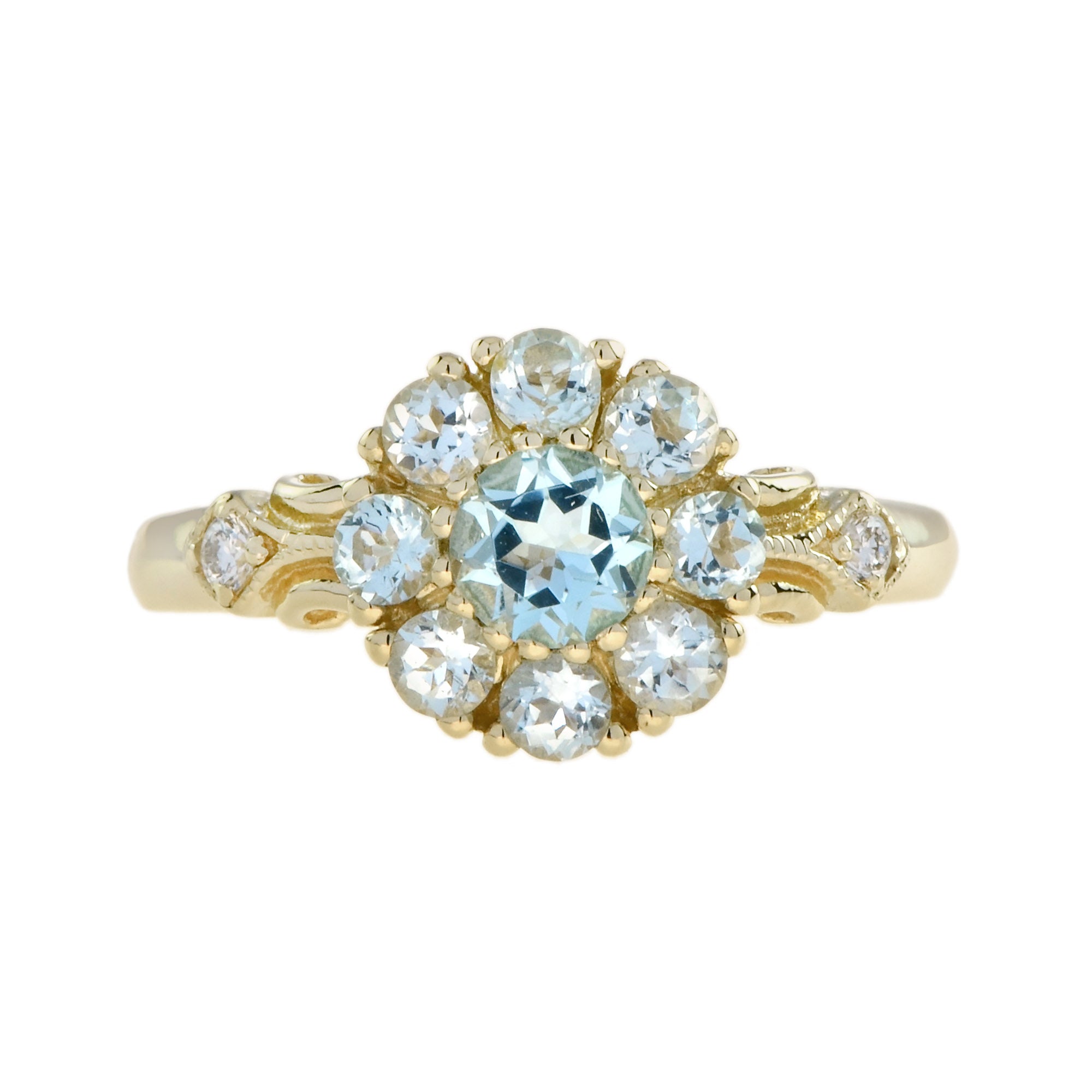 Blue Topaz & Diamond Vintage Style Floral Cluster 14K Yellow Gold Ring