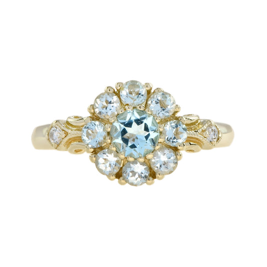 Blue Topaz & Diamond Vintage Style Floral Cluster 14K Yellow Gold Ring