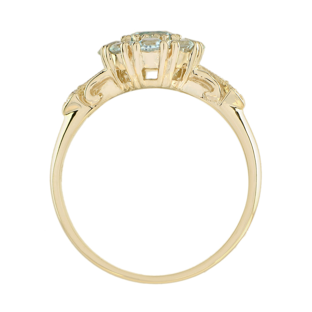 Blue Topaz & Diamond Vintage Style Floral Cluster 14K Yellow Gold Ring