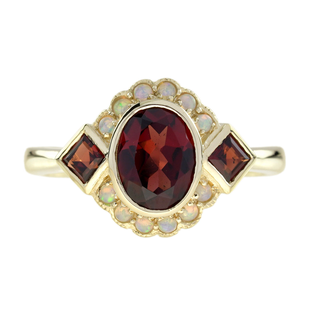 Oval Shape Red Garnet & Halo Opal Art Deco Style Yellow Gold Ring