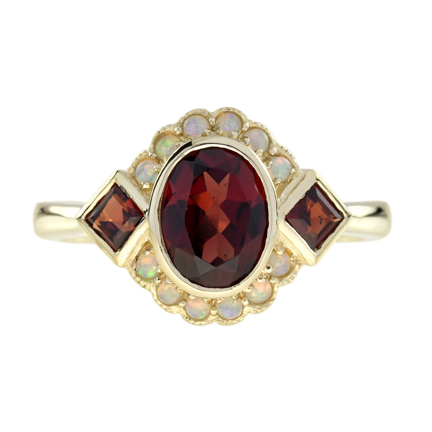 oval shape red garnet & halo opal art deco style yellow gold ring