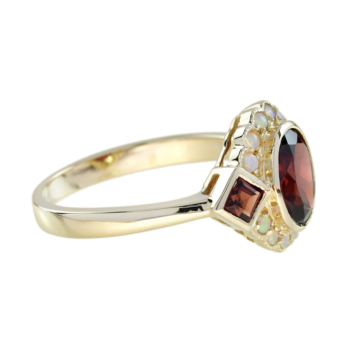oval shape red garnet & halo opal art deco style yellow gold ring