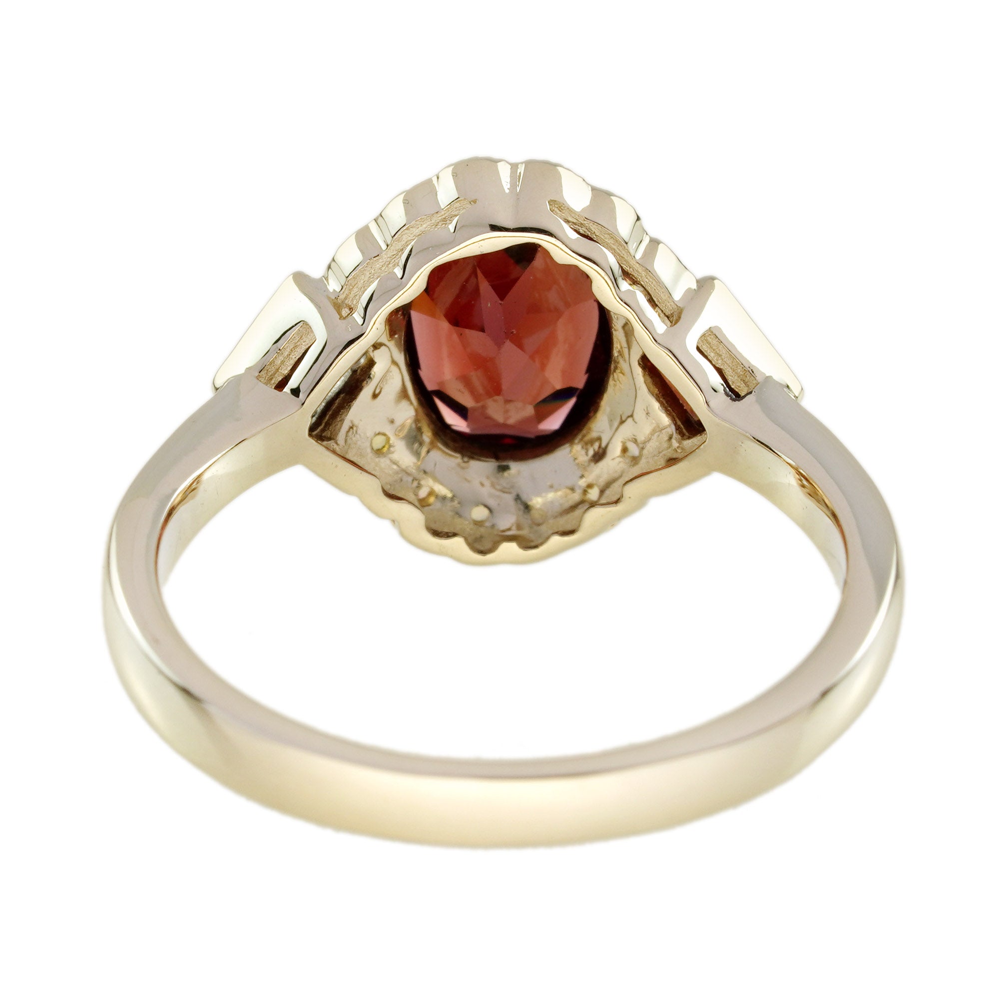 Oval Shape Red Garnet &amp; Halo Opal Art Deco Style Yellow Gold Ring