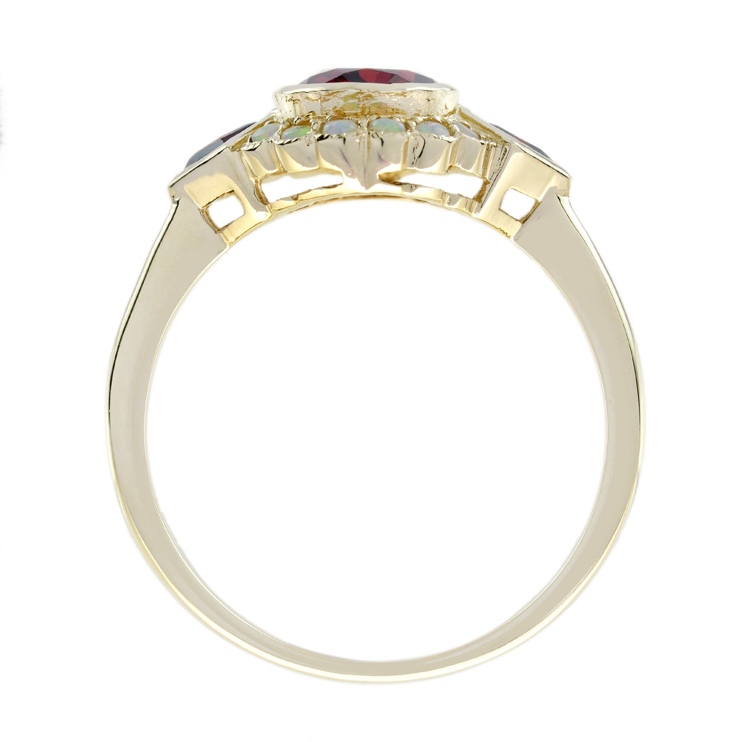 oval shape red garnet & halo opal art deco style yellow gold ring