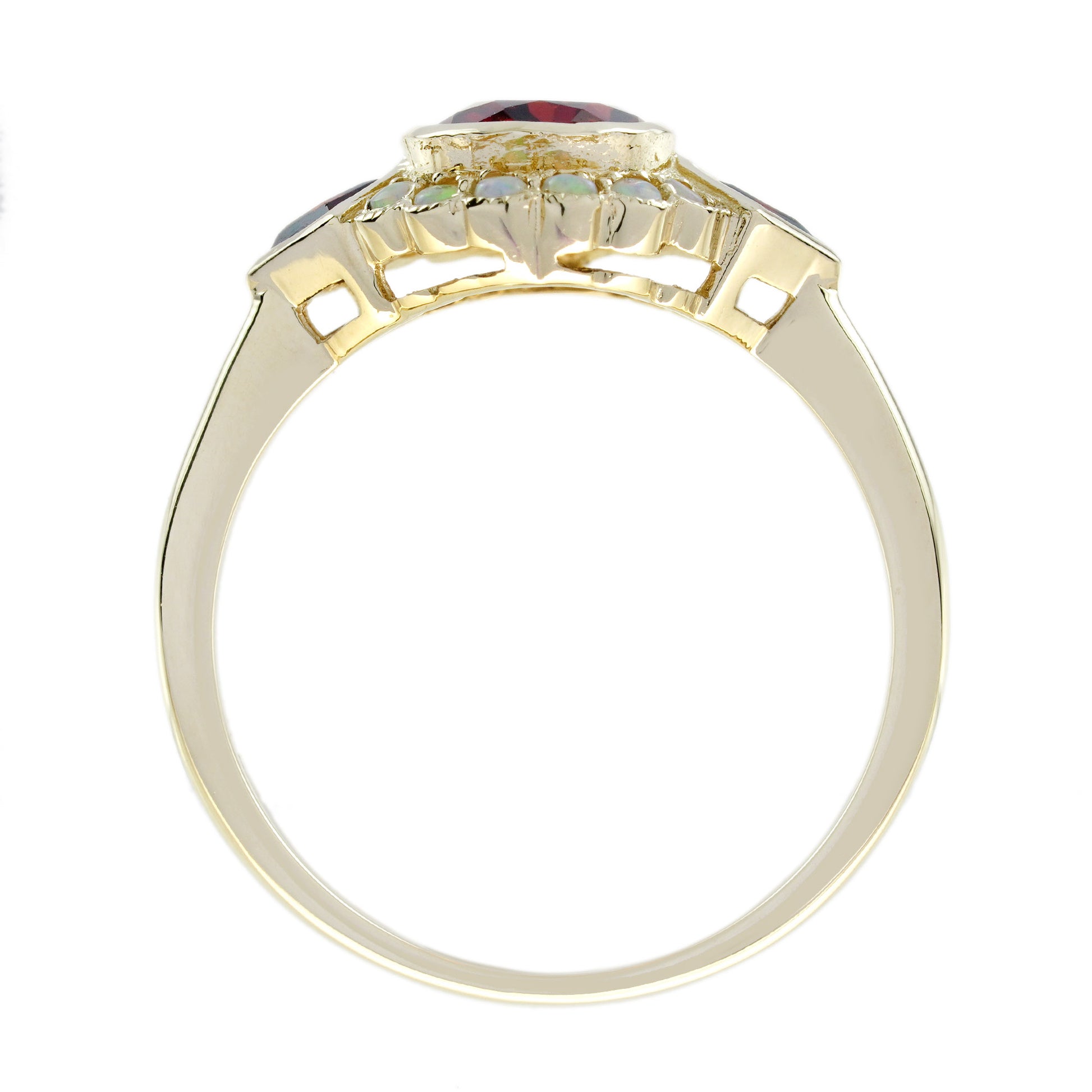 Oval Shape Red Garnet & Halo Opal Art Deco Style Yellow Gold Ring