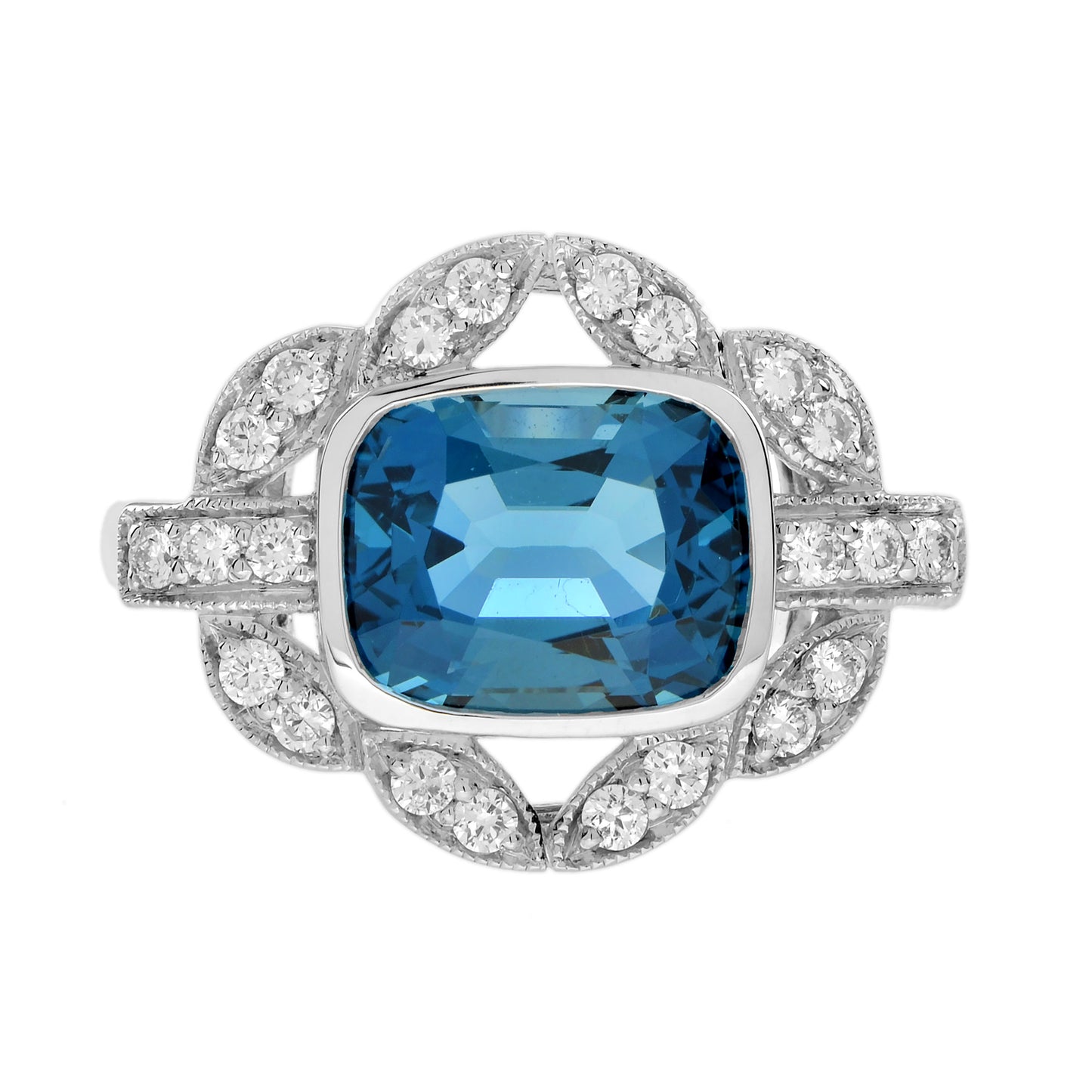cushion shape london blue topaz & diamond art deco style engagement ring
