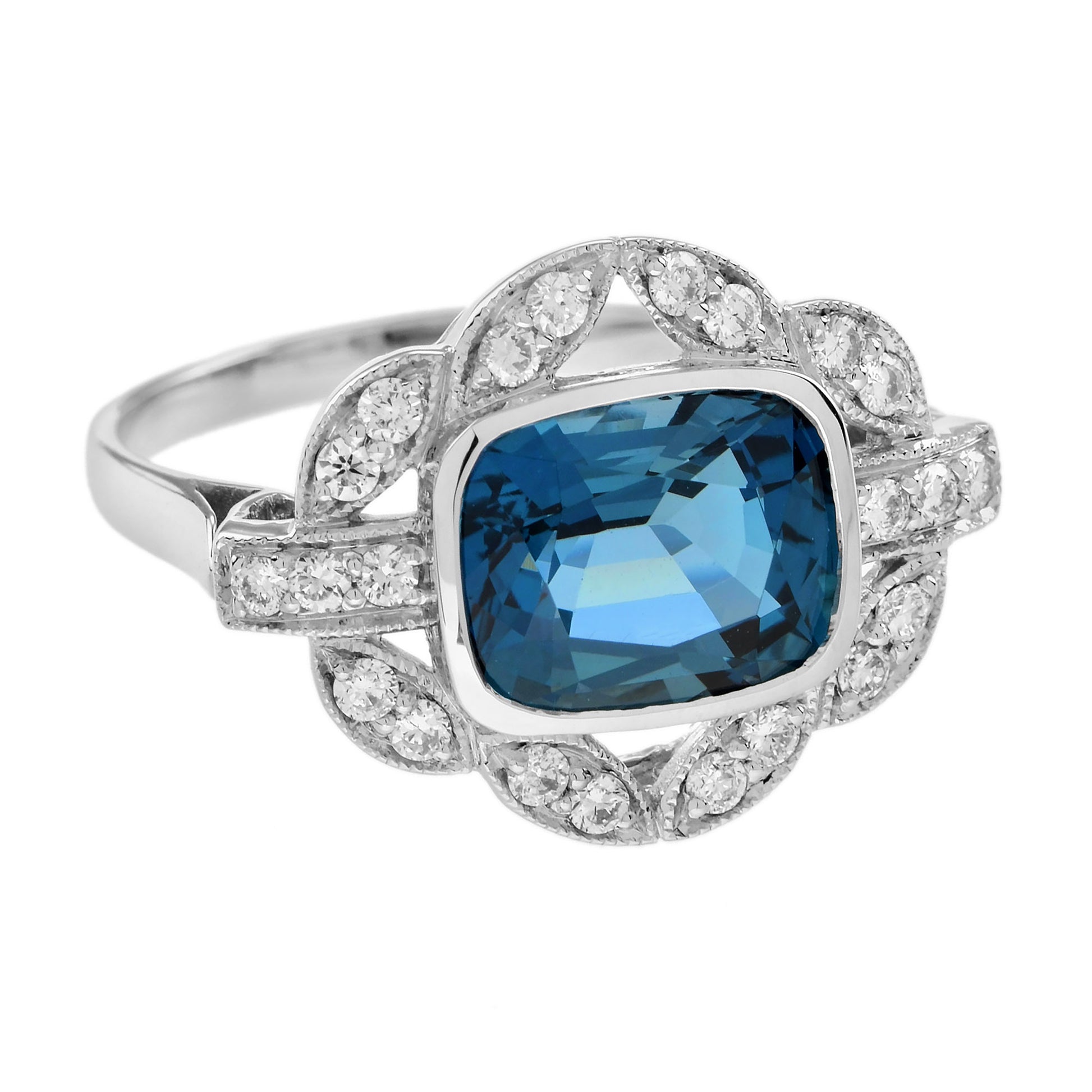 Cushion Shape London Blue Topaz & Diamond Art Deco Style Engagement Ring