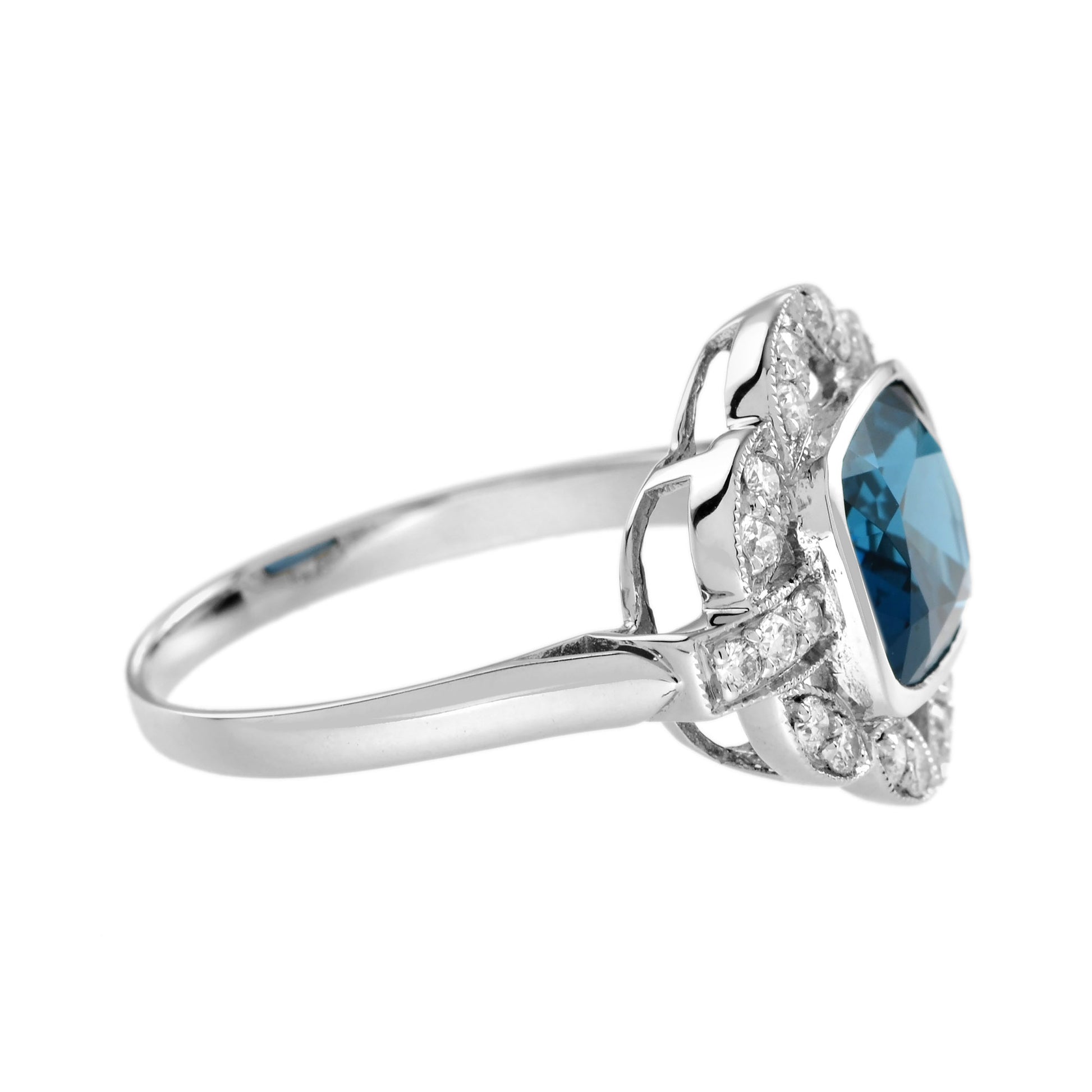Cushion Shape London Blue Topaz & Diamond Art Deco Style Engagement Ring