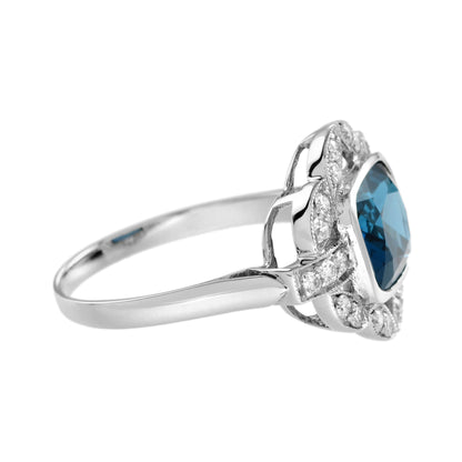 Cushion Shape London Blue Topaz & Diamond Art Deco Style Engagement Ring