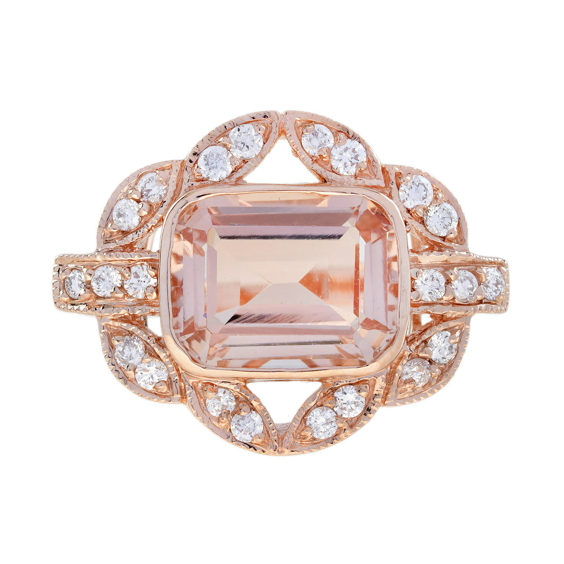 Morganite &amp; Diamond Art Deco Style Rose Gold Statement Ring