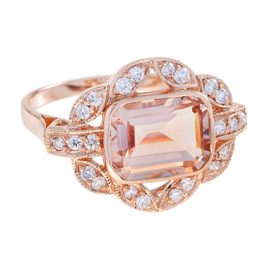 Morganite & Diamond Art Deco Style Rose Gold Statement Ring