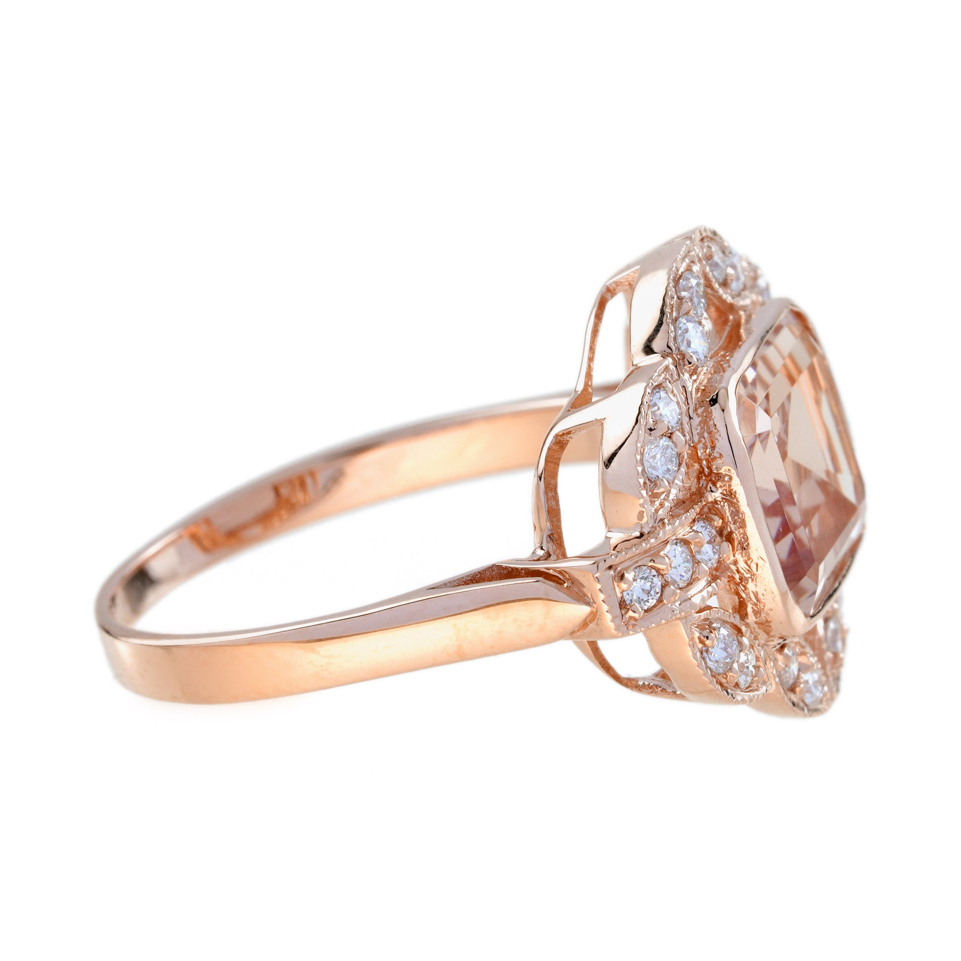 Morganite & Diamond Art Deco Style Rose Gold Statement Ring