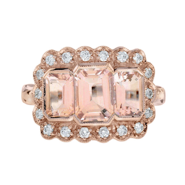 3.20 Ctw Art Deco Style Morganite & Diamond 14K Rose Gold Three-Stone Ring