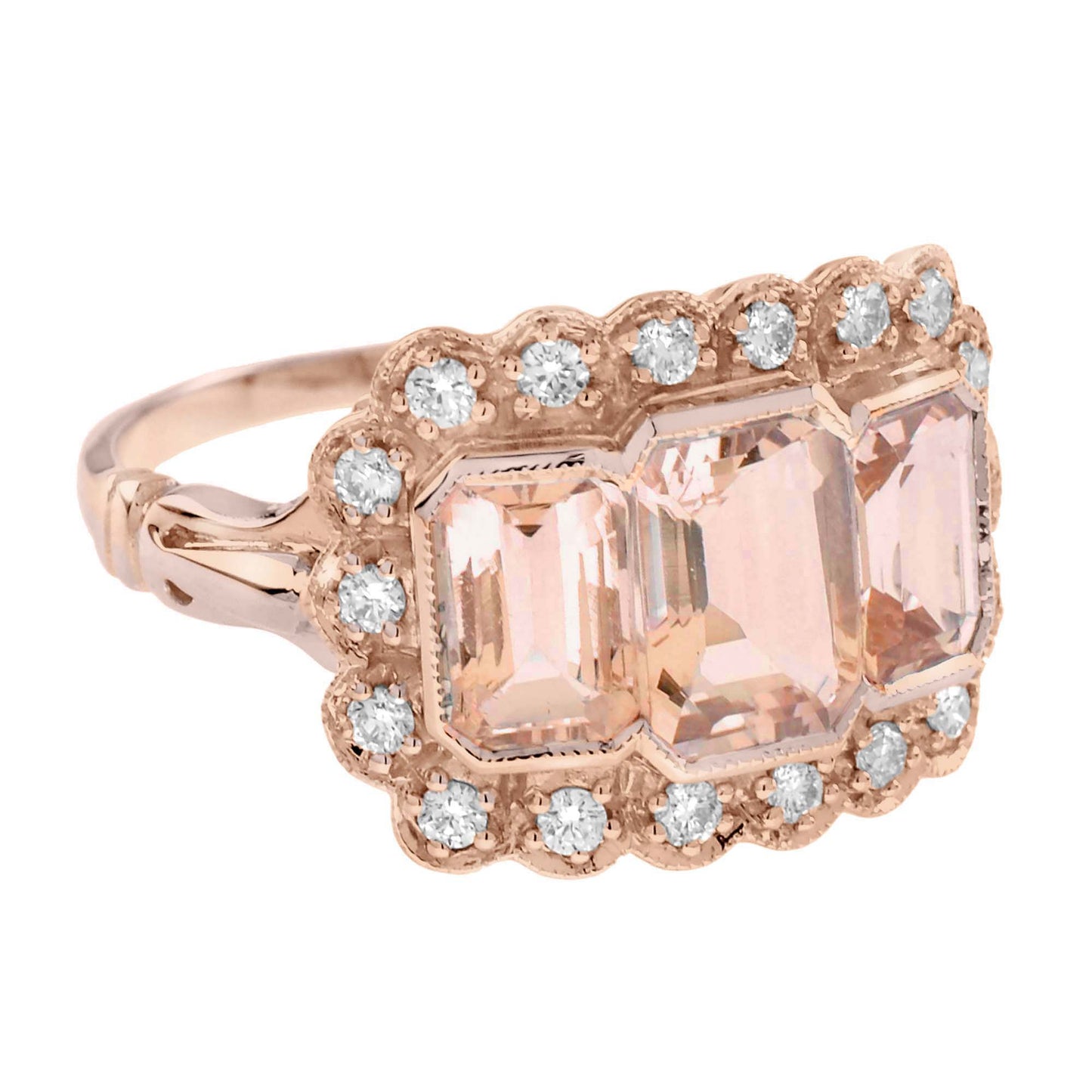 morganite & diamond antique style three stone rose gold ring