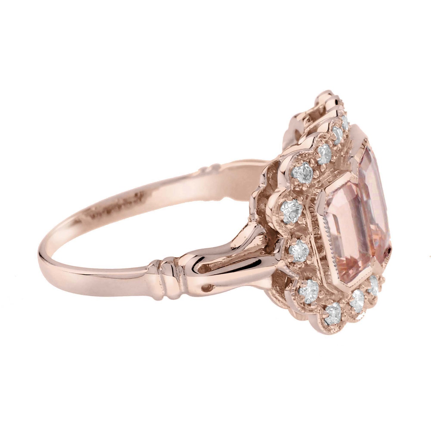 morganite & diamond antique style three stone rose gold ring