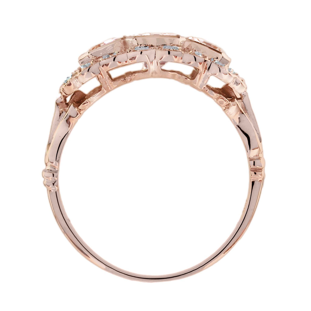 Morganite & Diamond Antique Style Three Stone Rose Gold Ring