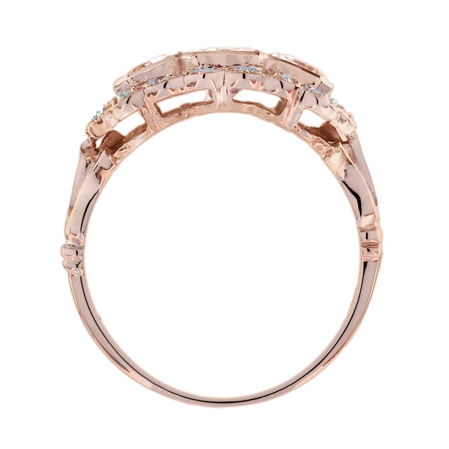 morganite & diamond antique style three stone rose gold ring