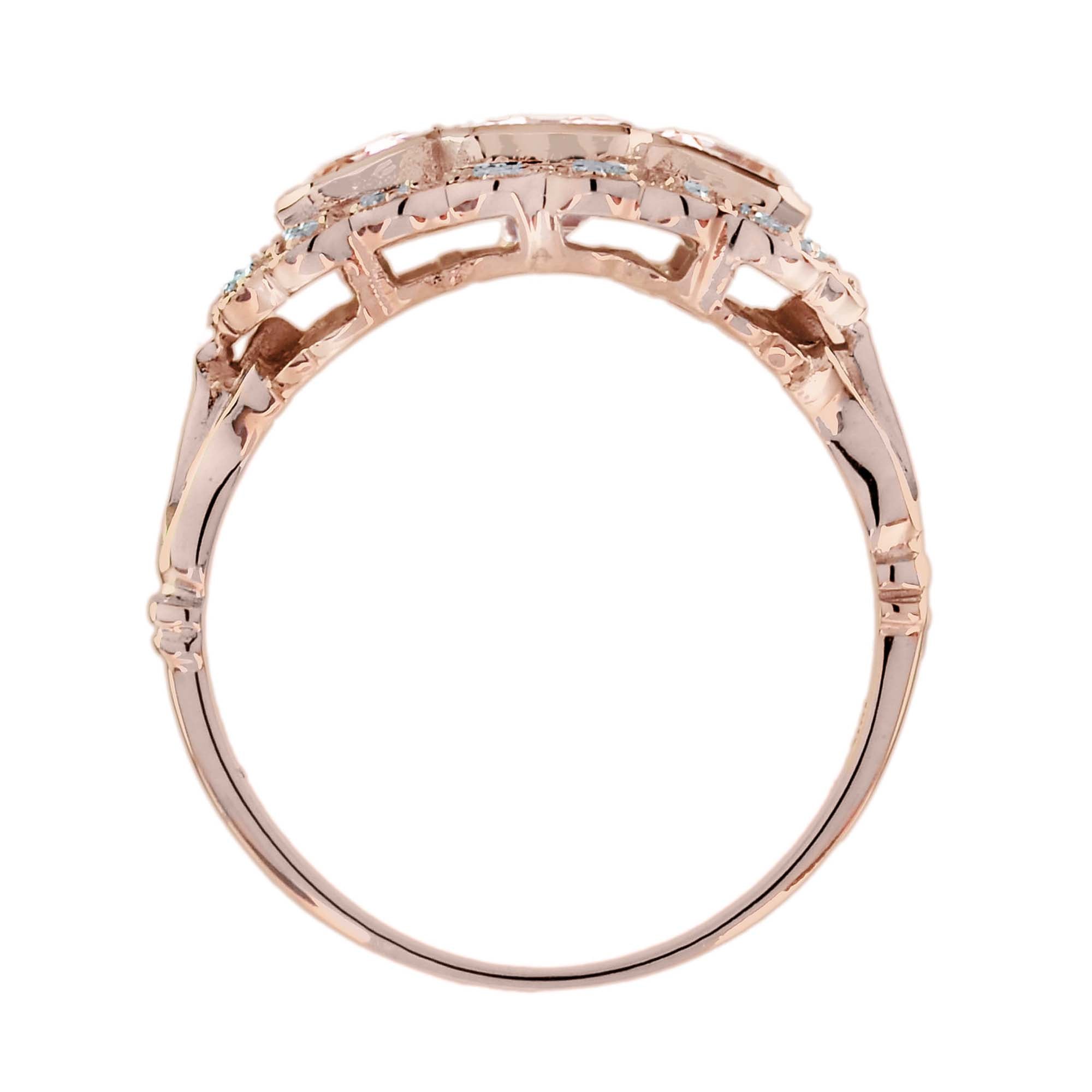 Morganite &amp; Diamond Antique Style Three Stone Rose Gold Ring