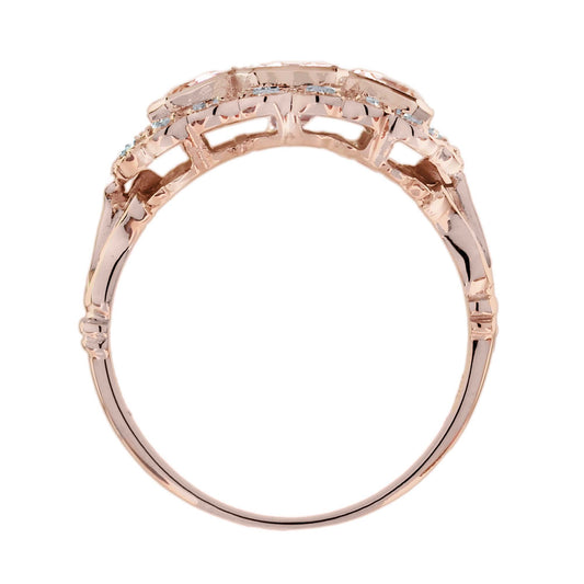 Morganite & Diamond Antique Style Three Stone Rose Gold Ring