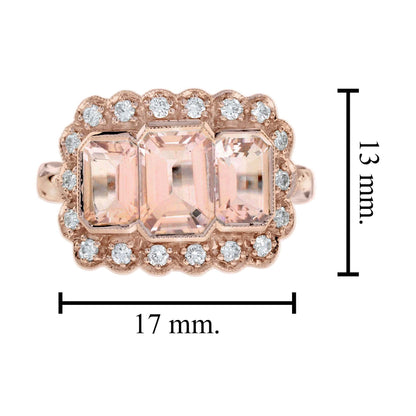 Morganite & Diamond Antique Style Three Stone Rose Gold Ring