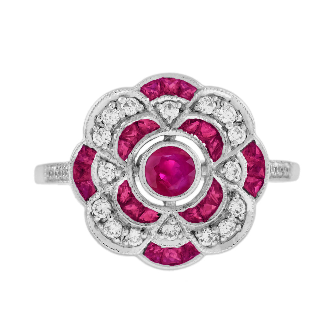 Red Pink Ruby & Diamond Art Deco Style Floral Cluster 14K White Gold Ring