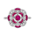 Red Pink Ruby & Diamond Art Deco Style Floral Cluster 14K White Gold Ring
