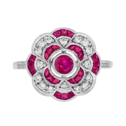 Red Pink Ruby &amp; Diamond Art Deco Style Floral Cluster 14K White Gold Ring