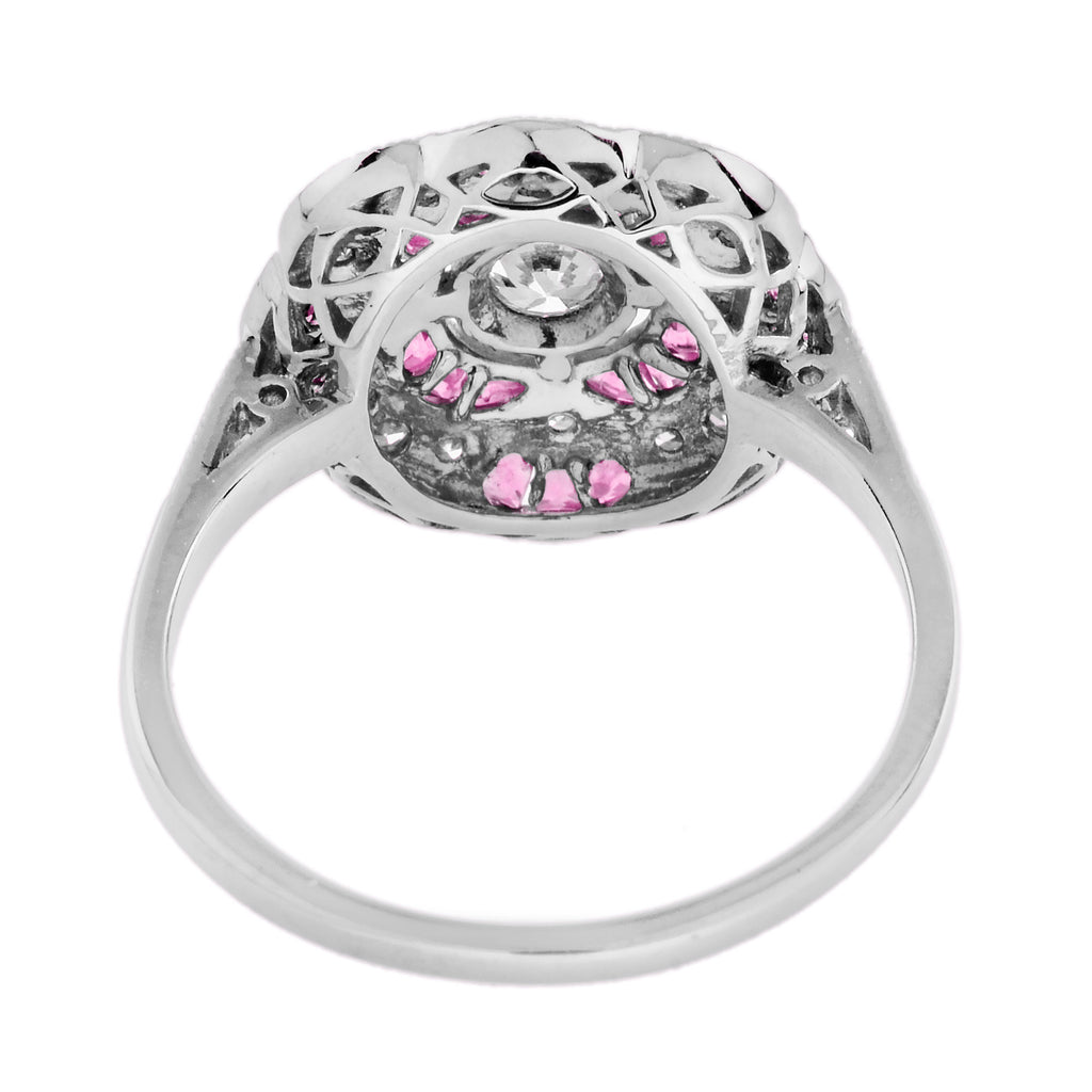 Red Pink Ruby & Diamond Art Deco Style Floral Cluster 14K White Gold Ring