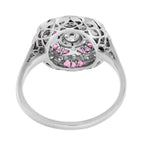 Red Pink Ruby & Diamond Art Deco Style Floral Cluster 14K White Gold Ring