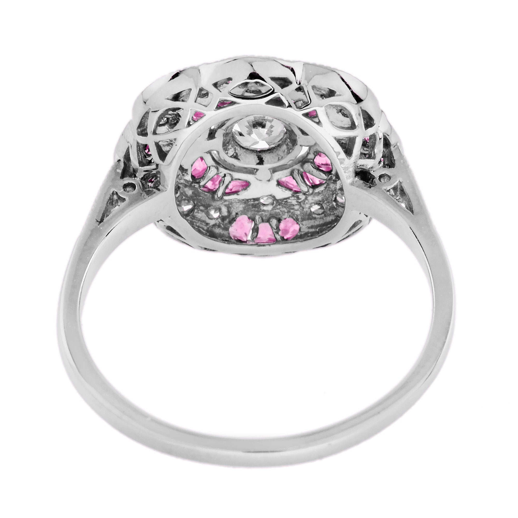 Red Pink Ruby &amp; Diamond Art Deco Style Floral Cluster 14K White Gold Ring