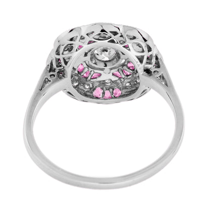 Red Pink Ruby &amp; Diamond Art Deco Style Floral Cluster 14K White Gold Ring