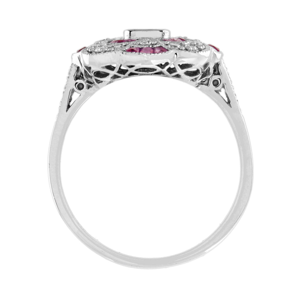 Red Pink Ruby & Diamond Art Deco Style Floral Cluster 14K White Gold Ring