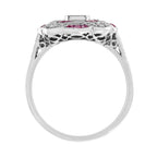 Red Pink Ruby & Diamond Art Deco Style Floral Cluster 14K White Gold Ring