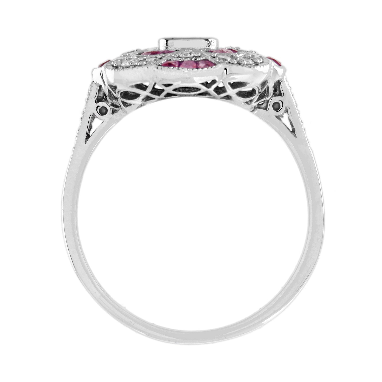Red Pink Ruby &amp; Diamond Art Deco Style Floral Cluster 14K White Gold Ring
