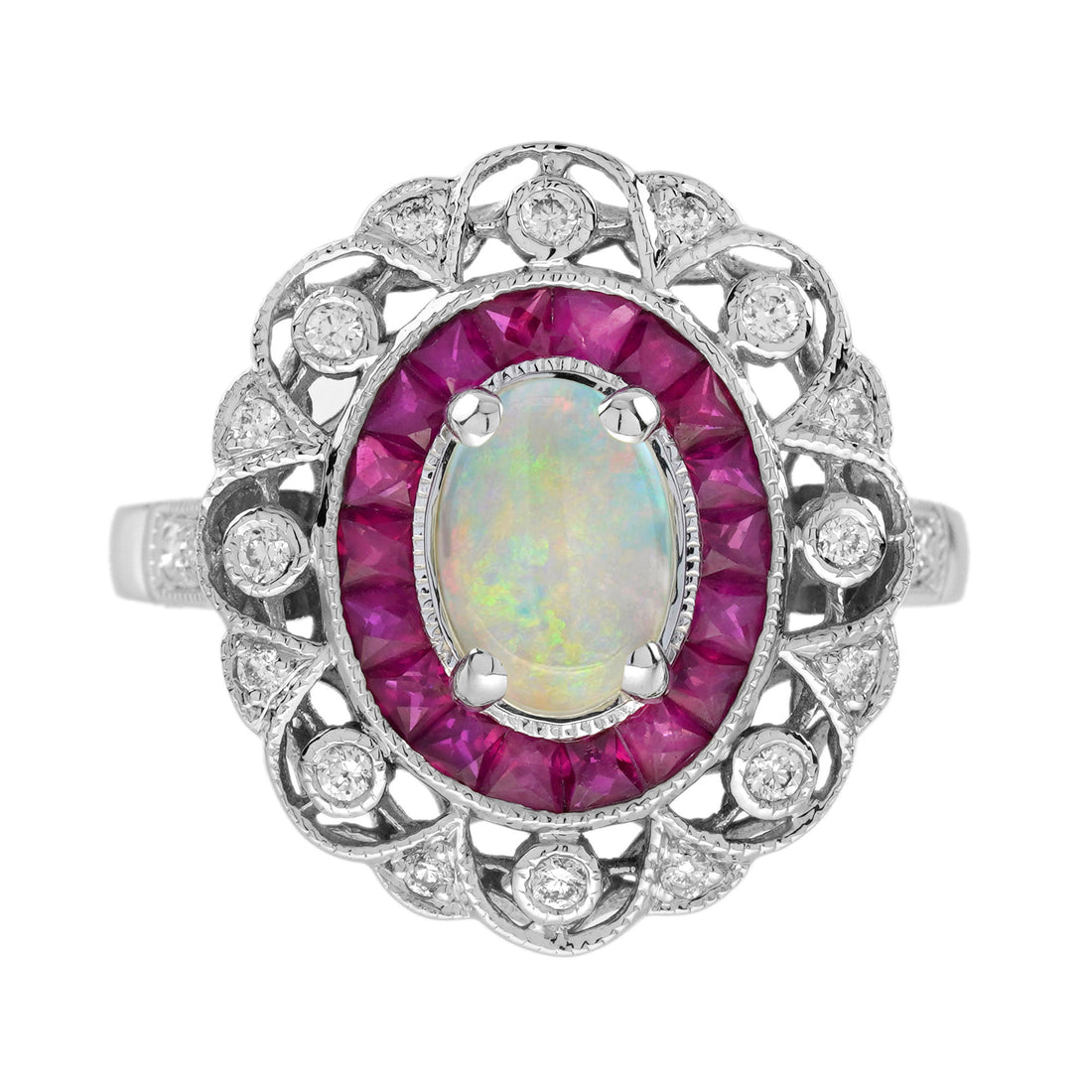 Oval Shape White Opal & Ruby Halo and Diamond Art Deco Style Halo Gold Ring