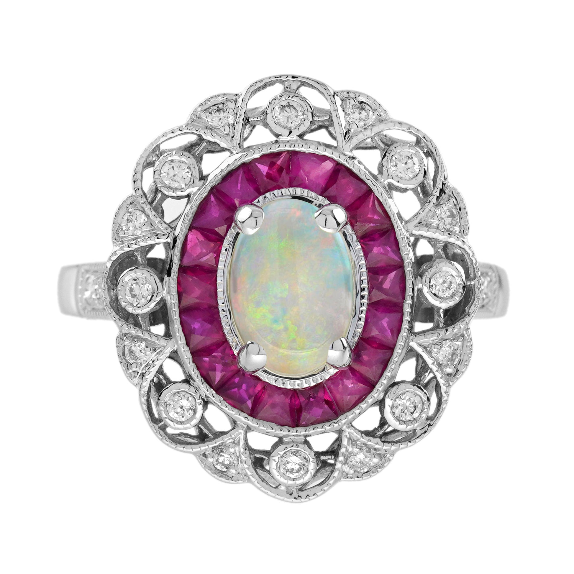 Oval Shape White Opal & Ruby Halo and Diamond Art Deco Style Halo Gold Ring