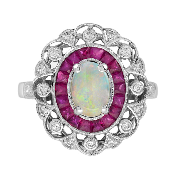 1.60 Ctw Art Deco Style Opal, Ruby & Diamond 14K White Gold Halo Ring