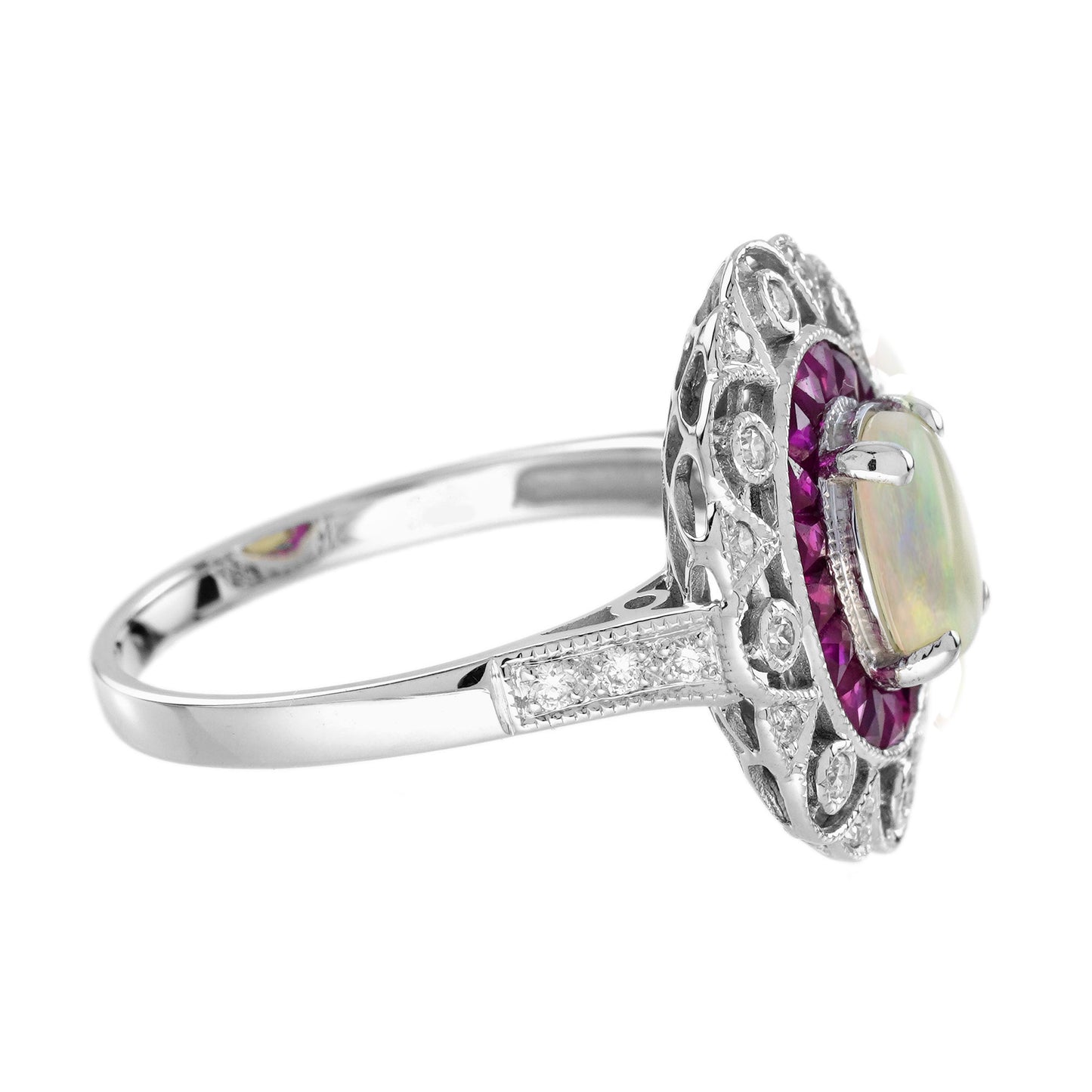 oval shape white opal & ruby halo and diamond art deco style halo gold ring