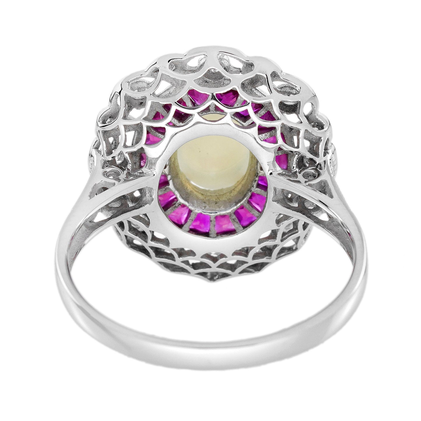 oval shape white opal & ruby halo and diamond art deco style halo gold ring