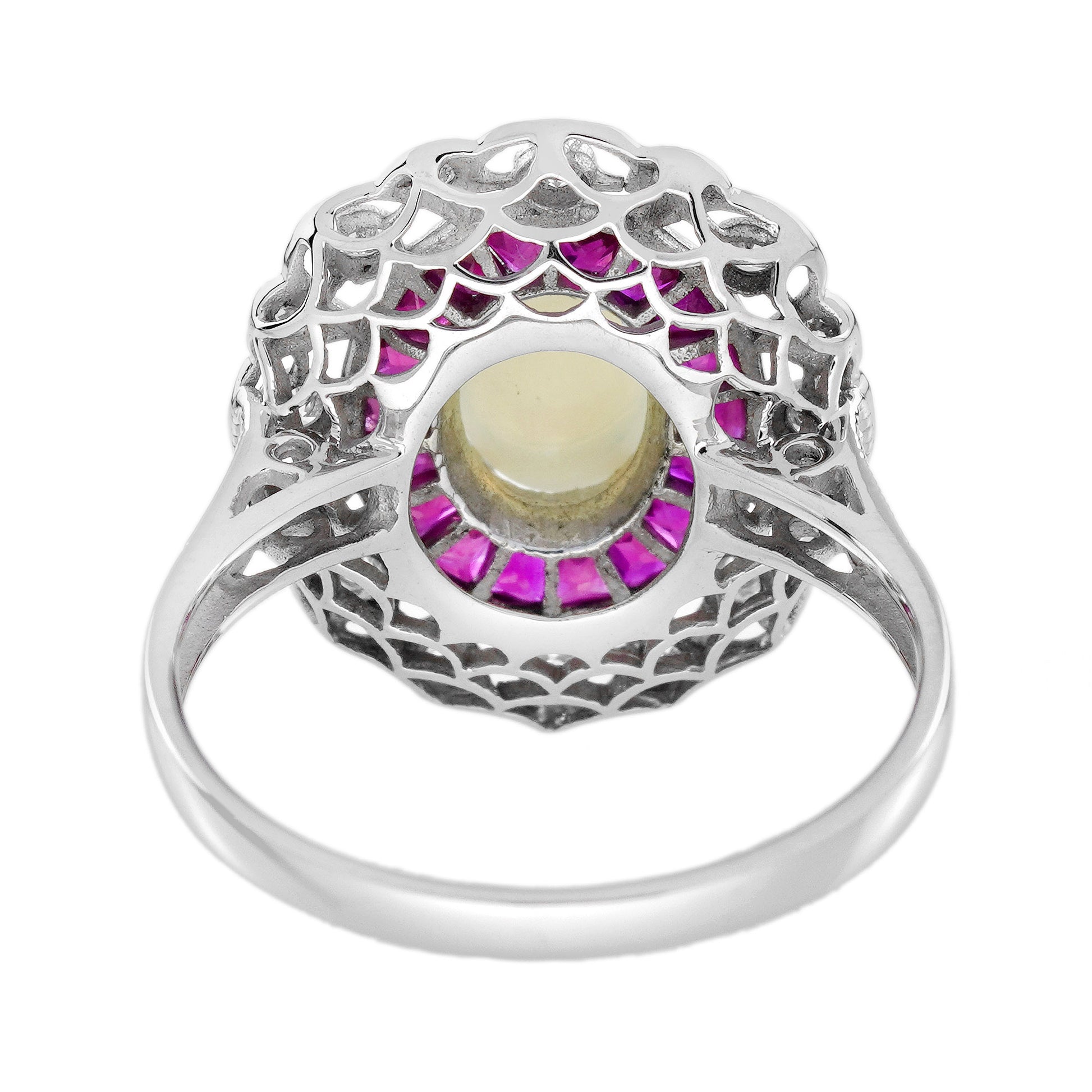 Oval Shape White Opal & Ruby Halo and Diamond Art Deco Style Halo Gold Ring