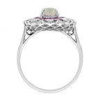 Oval Shape White Opal & Ruby Halo and Diamond Art Deco Style Halo Gold Ring