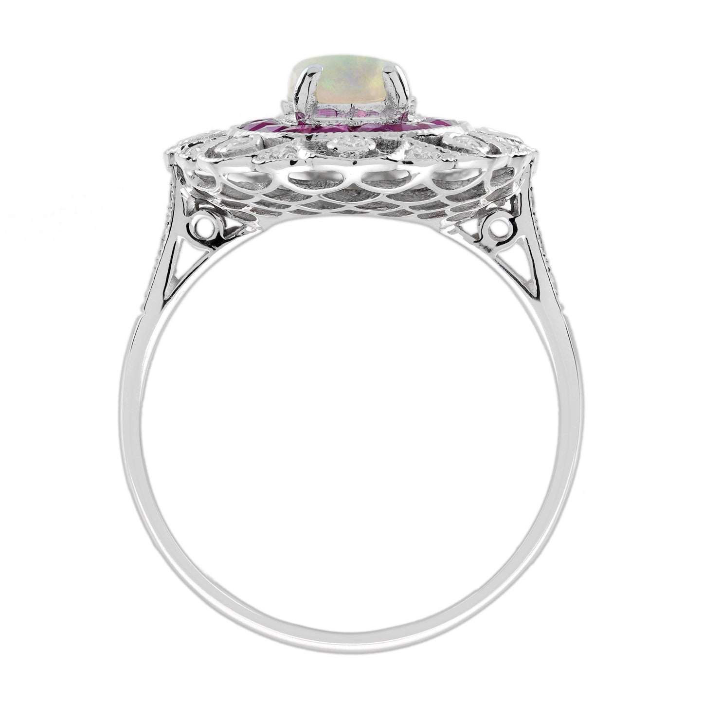 oval shape white opal & ruby halo and diamond art deco style halo gold ring